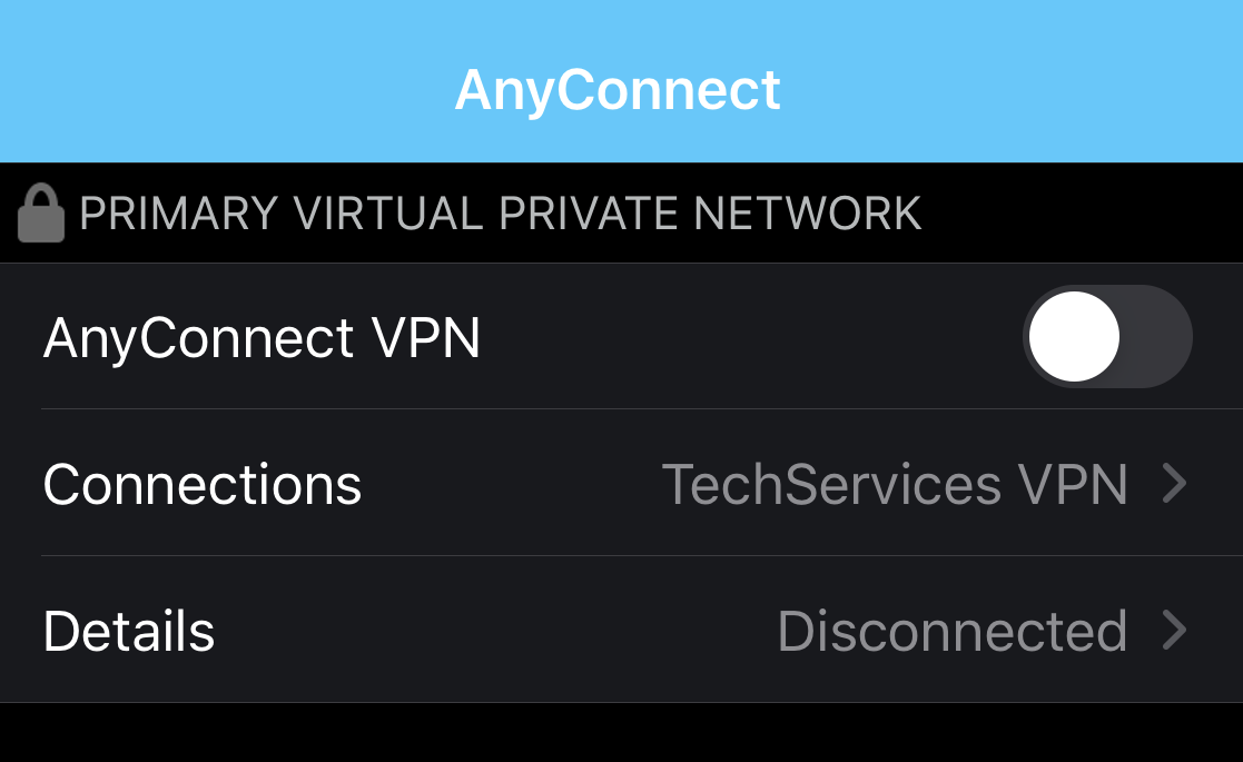 screen shot of vpn connection choice and enable screen