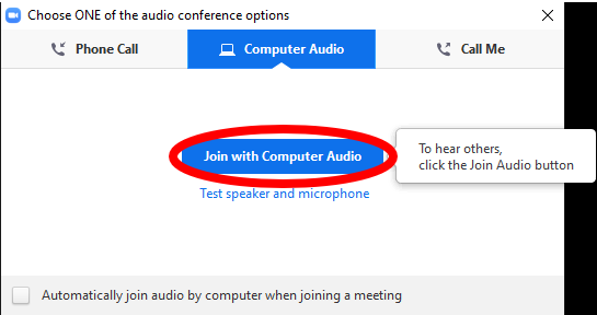 Join with Computer audio options screen