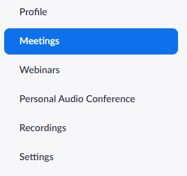 Zoom profile menu bar with meetings highlighted.