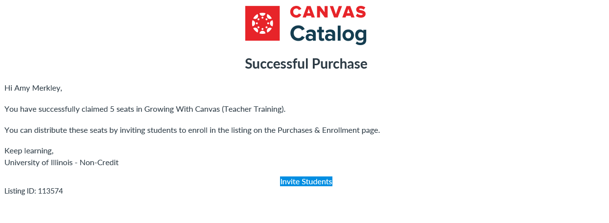 Screenshot of success confirmation email