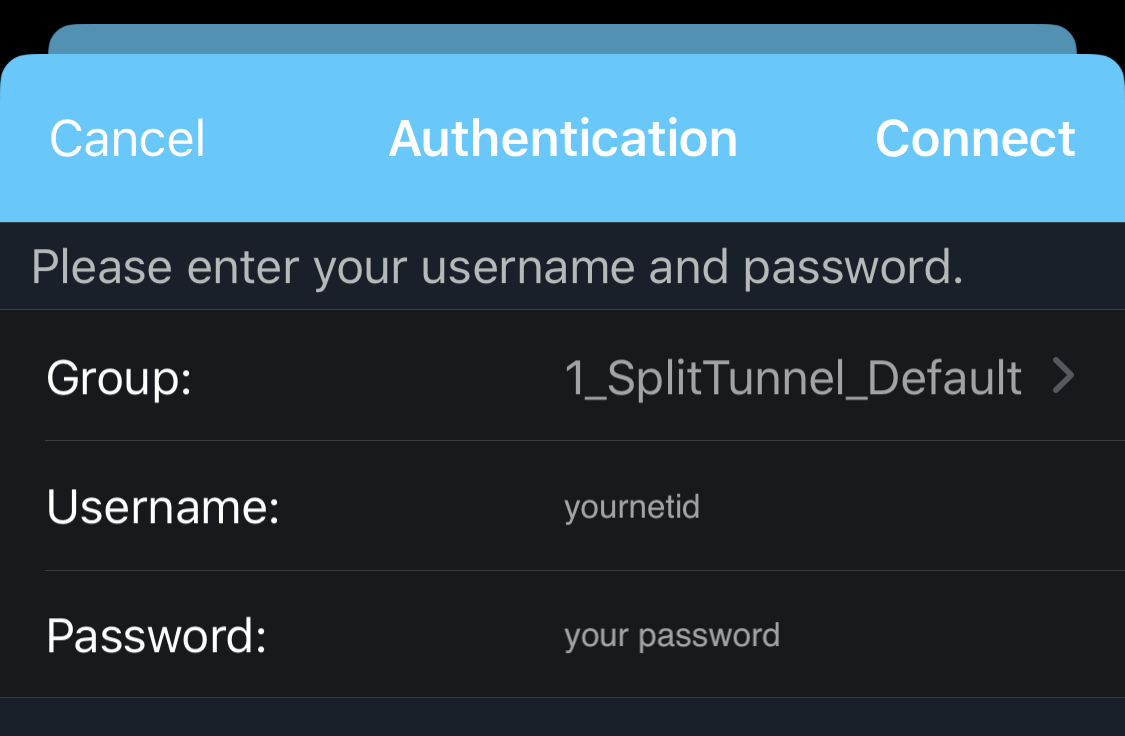 screen shot of group choice and username and password field