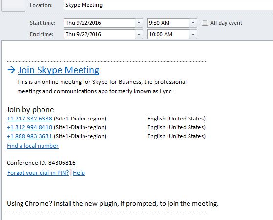 Skype meeting details incl phone number and Conference ID