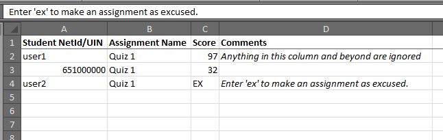 sample spreadsheet. columns read left to right: Student NetId/UIN, Assignment Name, Score, Comments 