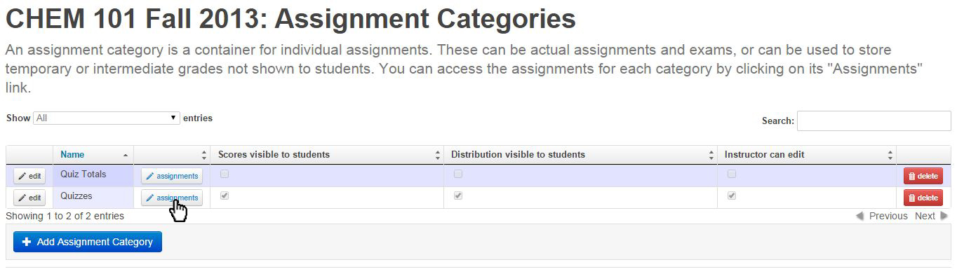 hit assignments button in Quizzes row