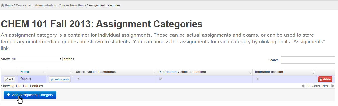list of available assignment categories for CHEM 101 FALL 2013 - only quizzes available