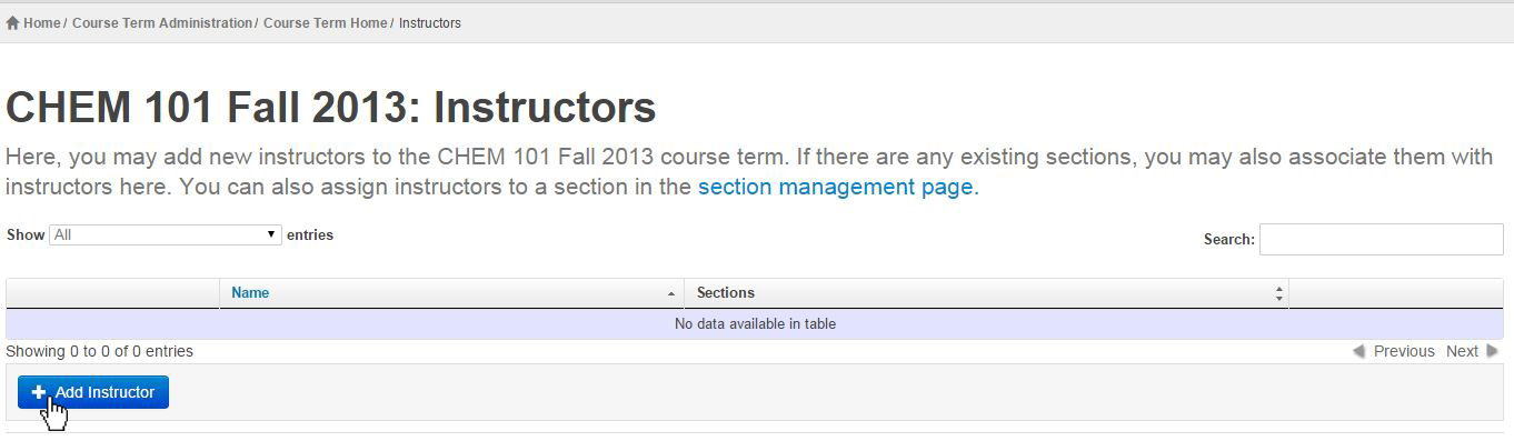 in the CHEM 101 Fall 2013: Instructors screen we select Add Instructor