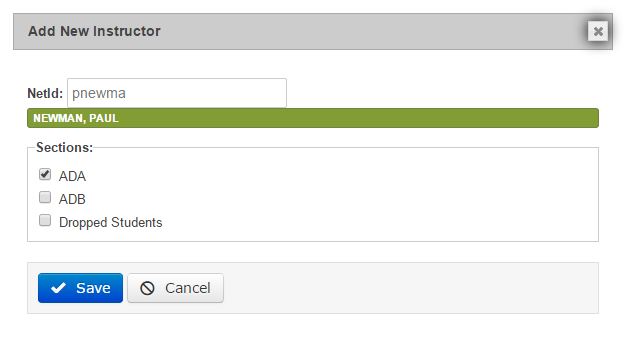 we then add the netID of our instructor and assign available sections to them 