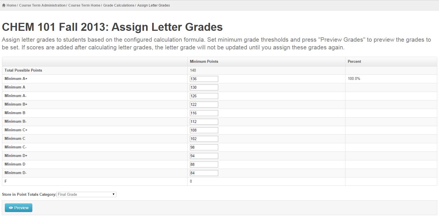 view CHEM 101 Fall 2013: Assign Letter Grades