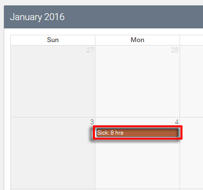 full sick day is highlighted in red to emphasize that it can be clicked to edit 