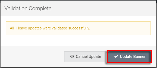 dialog box displaying 1 successful valdiation - we then hit Update Banner in that dialog box