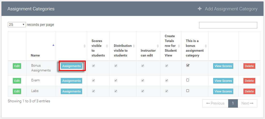 select add assignment option inside the new bonus assignment category