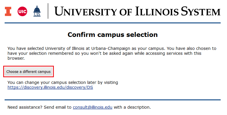 Confirm campus selection screen