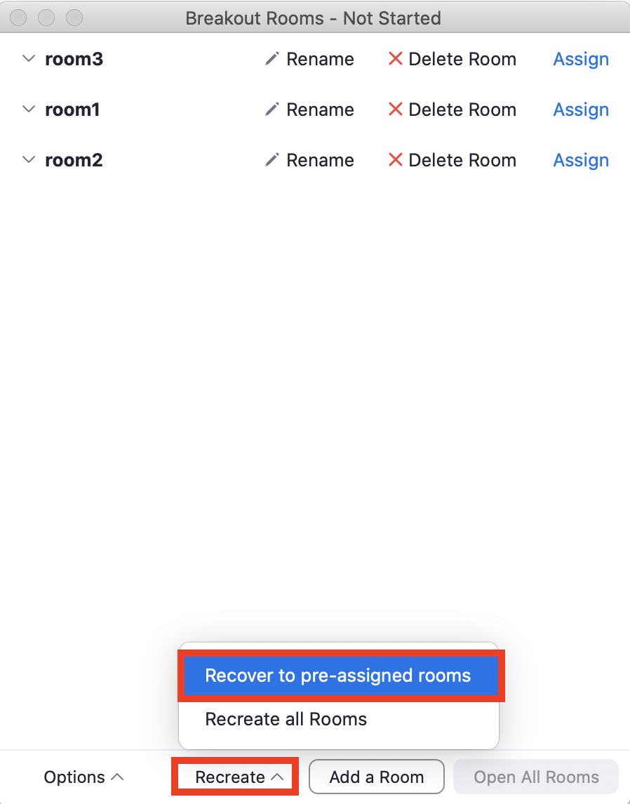 Recover to pre-assigned rooms