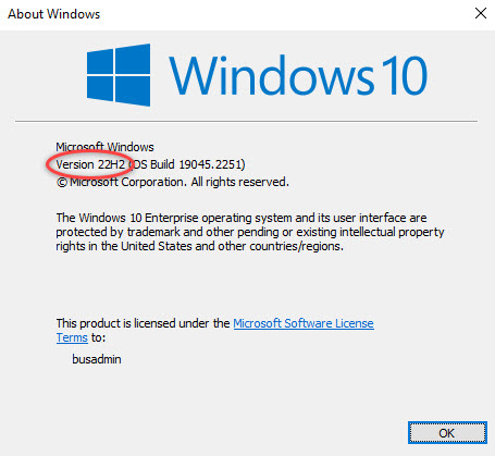 Windows 10 version number in a pop-up box and the Version code circled