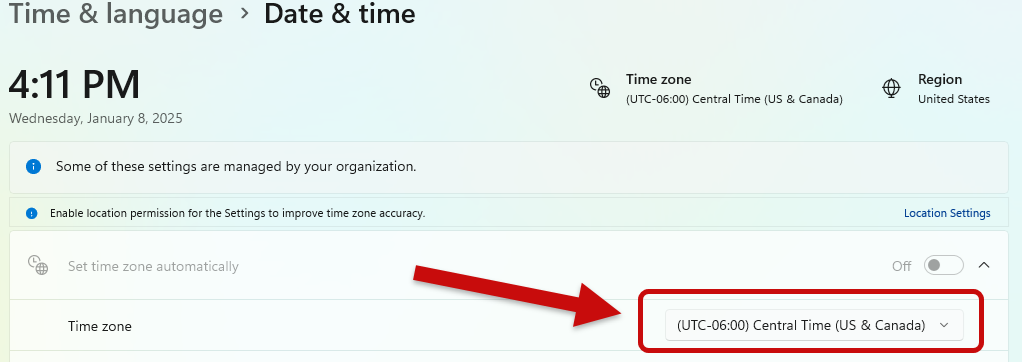 Select the correct time zone in the drop down menu.