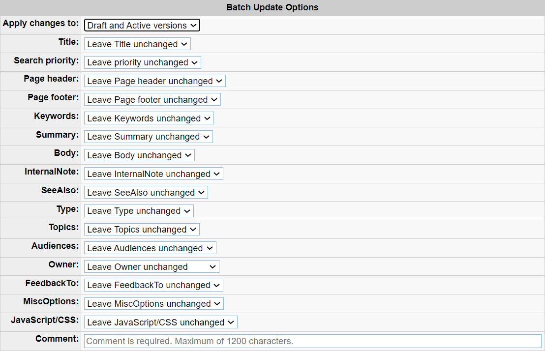 Fields available to change for Batch Update