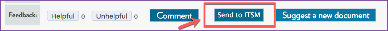 The Send to ITSM button in the example appears in the feedback table at the bottom of a KB document, directly after the standard "Comment" button.